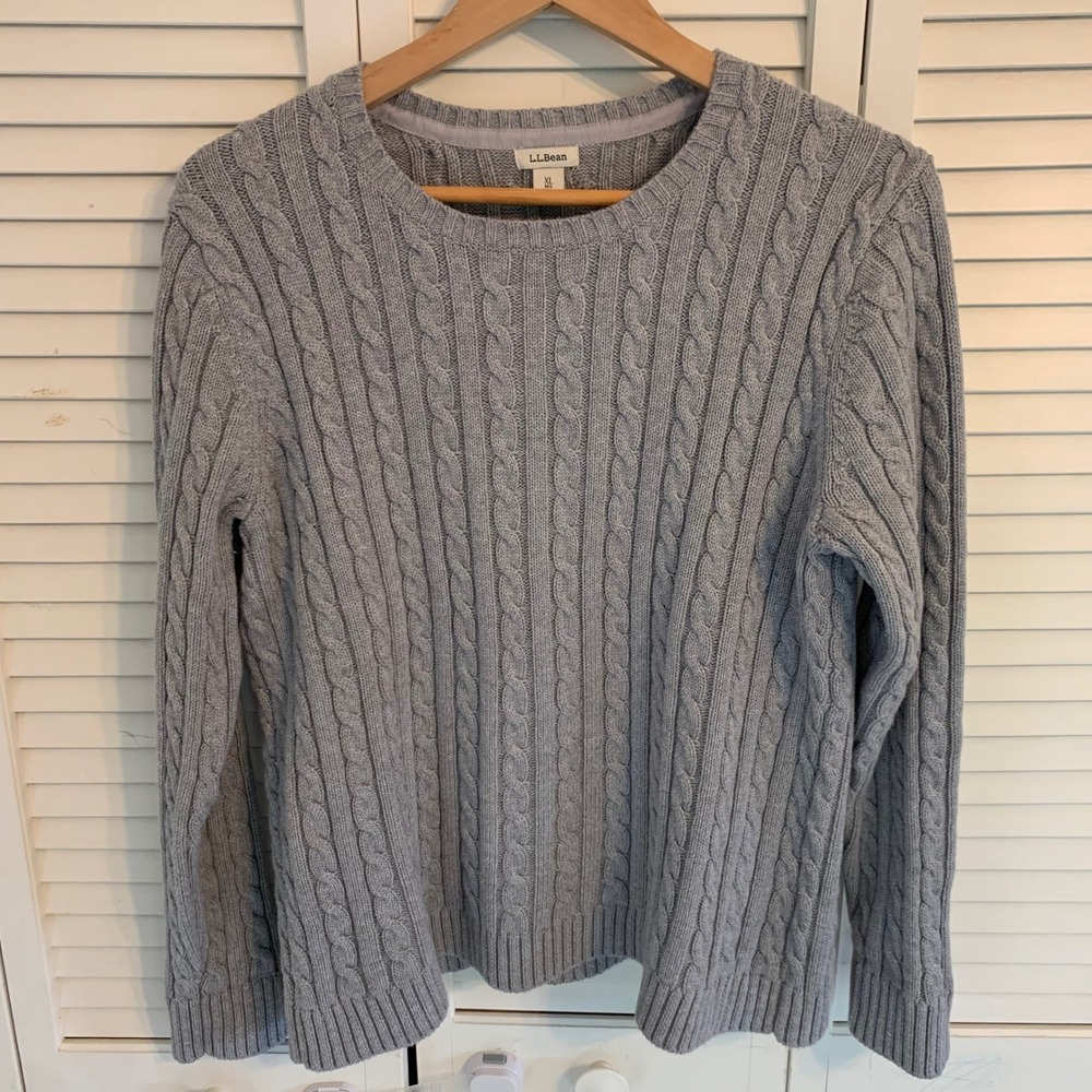 LL Bean Cable Knit‎ 100% Cotton Crewneck Sweater Womens XL Grey Classic Coastal